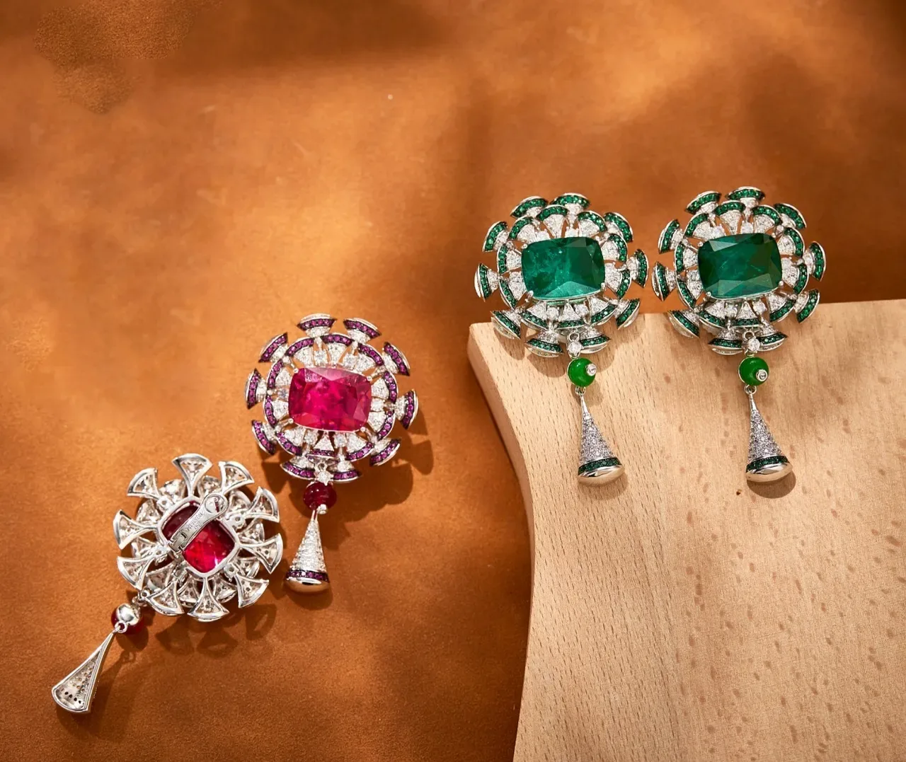 Floral-Halo Emerald-Cut Green and White Pavé Earrings 4