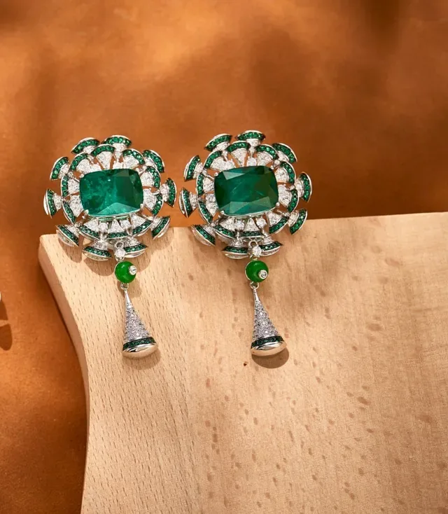 Floral-Halo Emerald-Cut Green and White Pavé Earrings 6