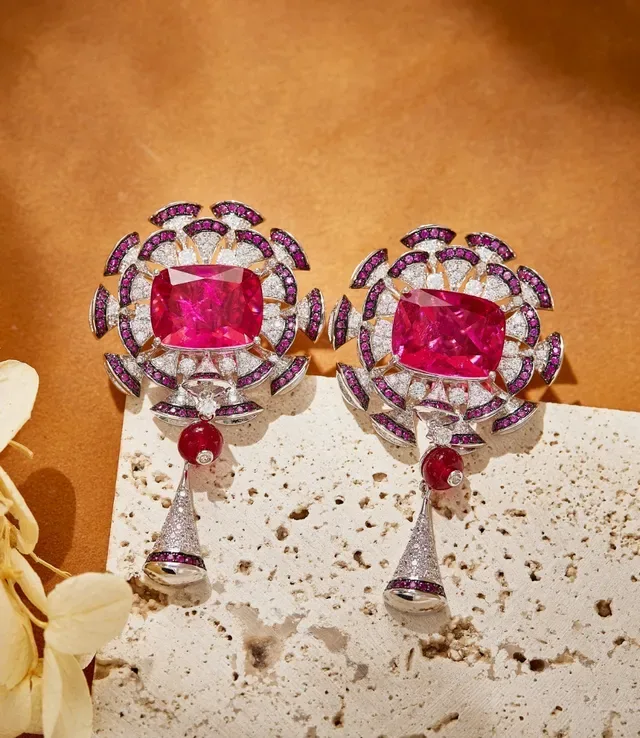 Floral-Halo Emerald-Cut Green and White Pavé Earrings 7
