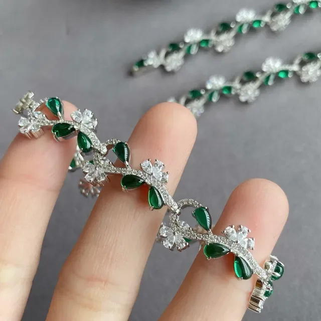 Floral Vine Motif Green and White Stone Silver-Tone Bracelet 2