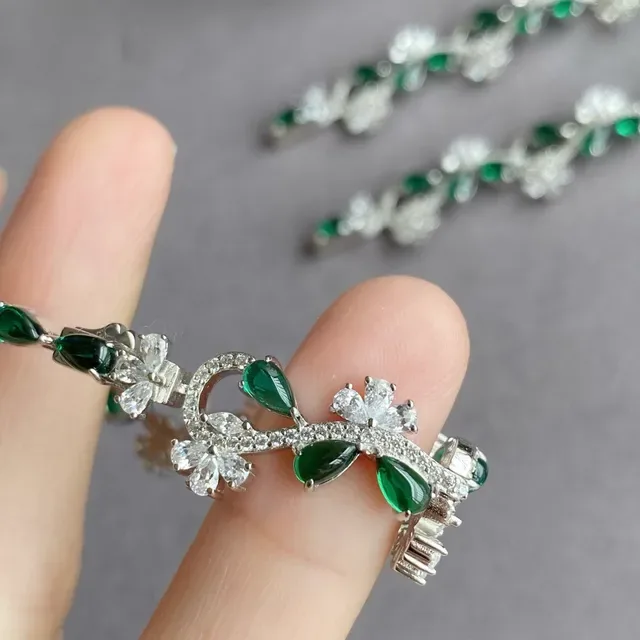 Floral Vine Motif Green and White Stone Silver-Tone Bracelet 3