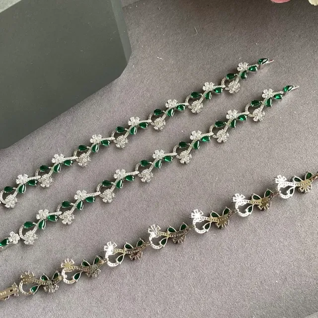 Floral Vine Motif Green and White Stone Silver-Tone Bracelet 4