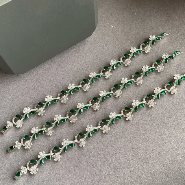 Floral Vine Motif Green and White Stone Silver-Tone Bracelet 5