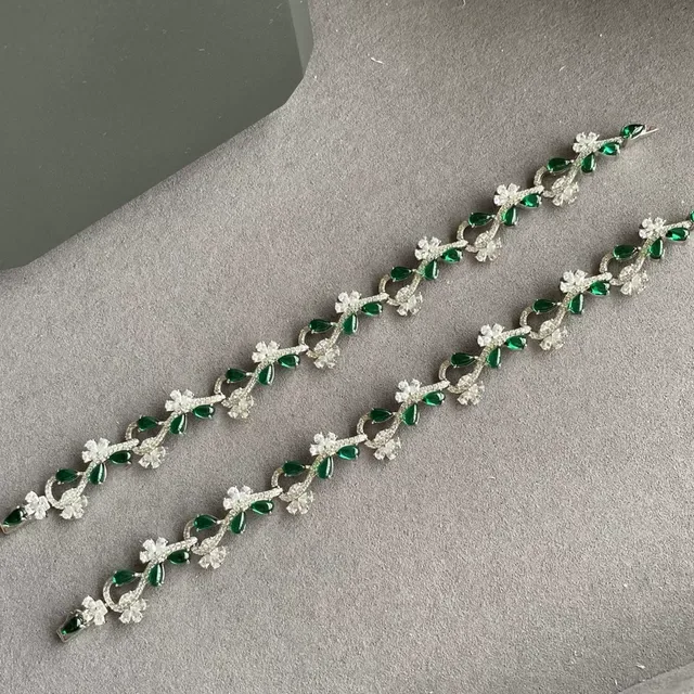Floral Vine Motif Green and White Stone Silver-Tone Bracelet 6