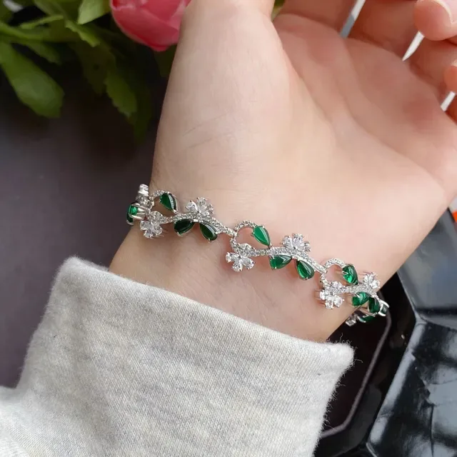Floral Vine Motif Green and White Stone Silver-Tone Bracelet 7