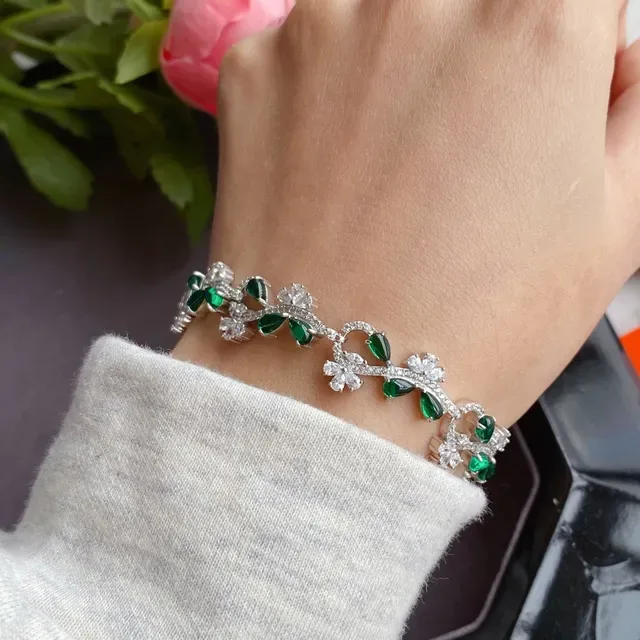 Floral Vine Motif Green and White Stone Silver-Tone Bracelet 8