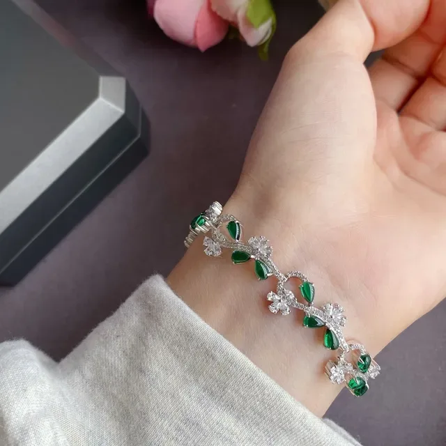 Floral Vine Motif Green and White Stone Silver-Tone Bracelet 9