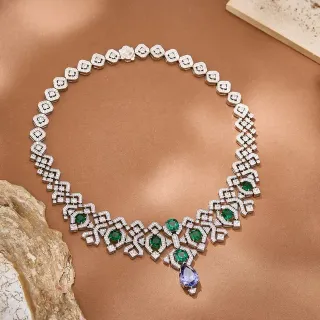 Geometric Lattice Emerald and Tanzanite Pendant Necklace
