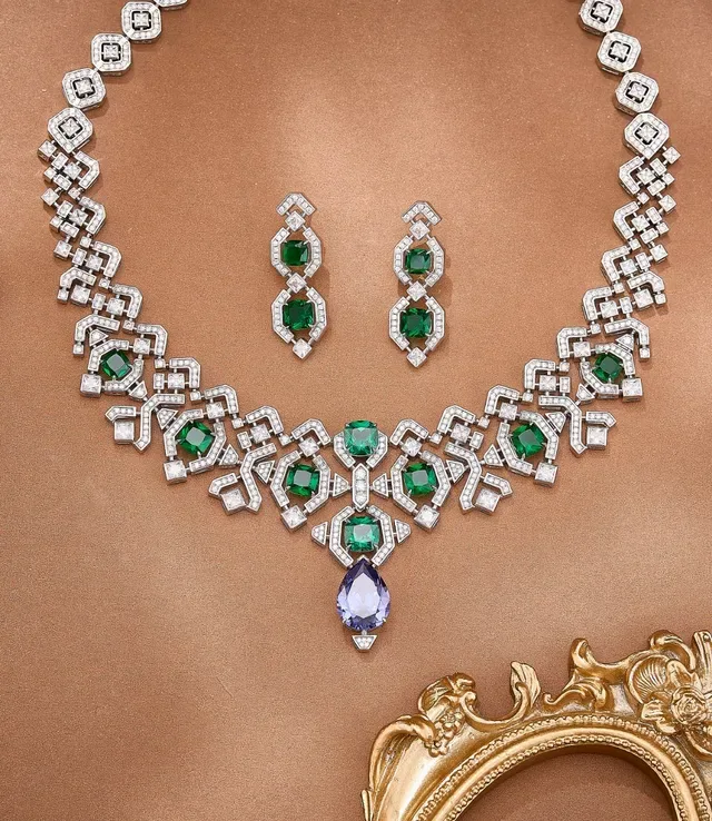 Colar com pingente geométrico lattice de esmeralda e tanzanite 3