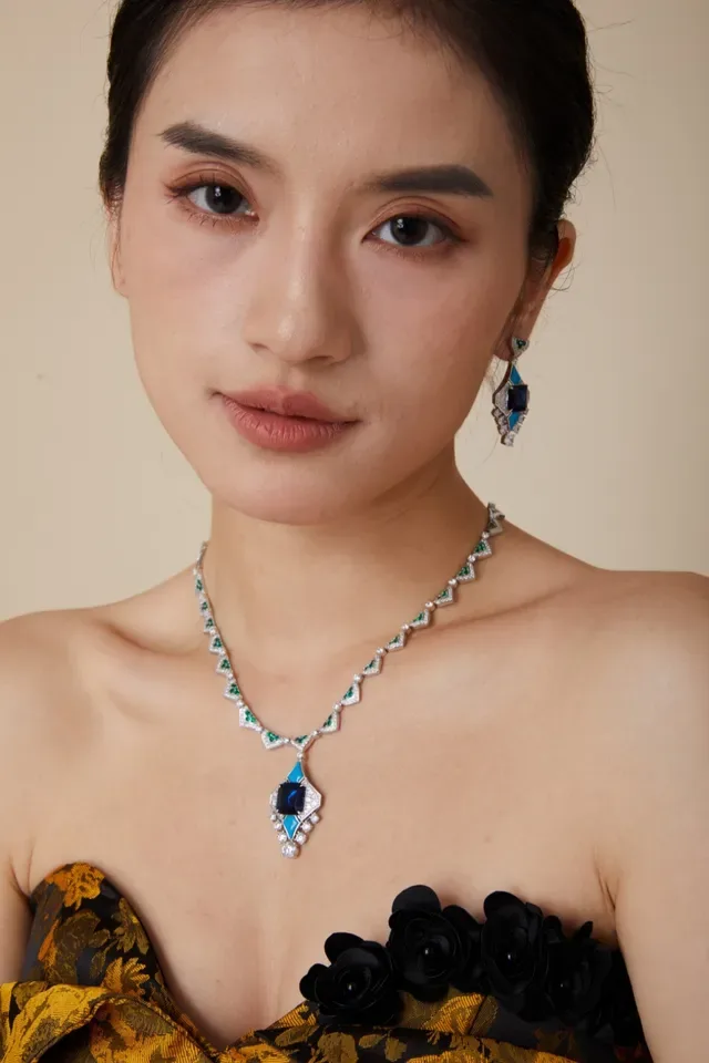 Geometric Multi-Gemstone Diamond Pendant Necklace 2