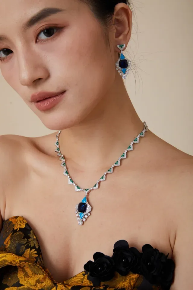 Geometric Multi-Gemstone Diamond Pendant Necklace 3
