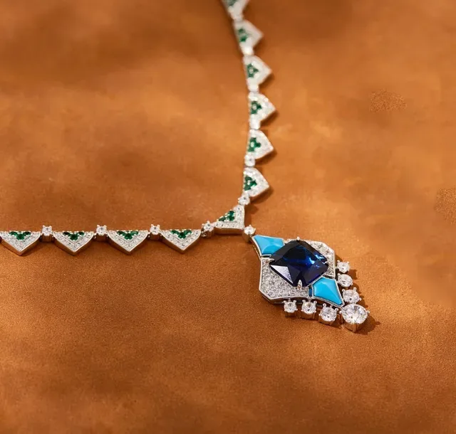 Geometric Multi-Gemstone Diamond Pendant Necklace 5