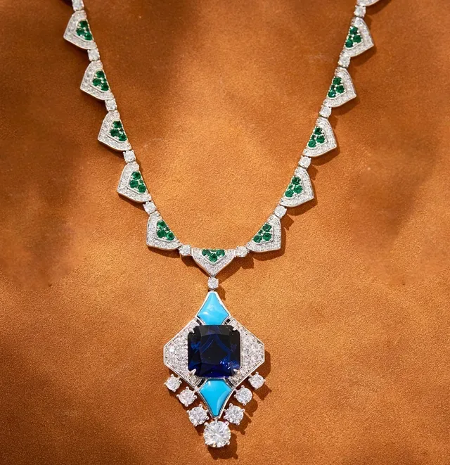 Geometric Multi-Gemstone Diamond Pendant Necklace 6