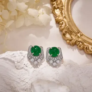 Geometric Pavé Halo Cabochon Green Gemstone Stud Earrings