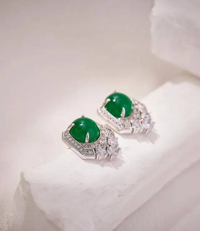 Geometric Pavé Halo Cabochon Green Gemstone Stud Earrings 4