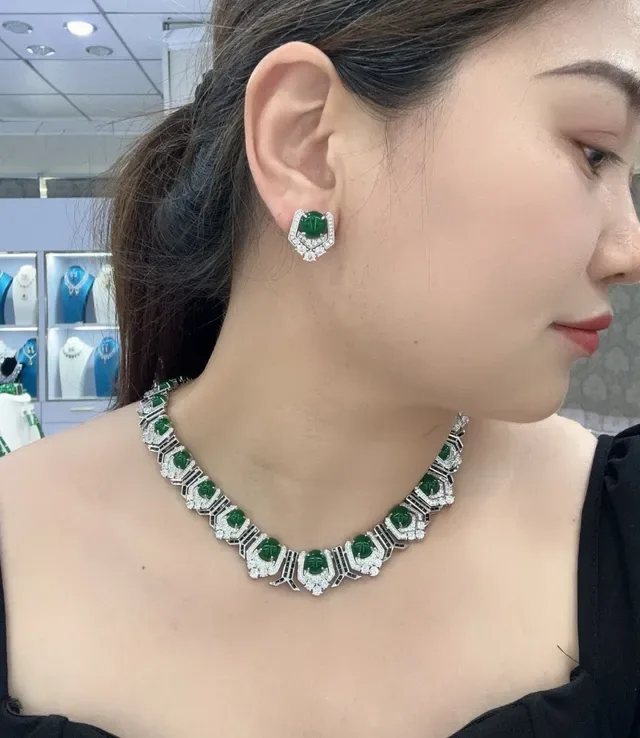 Geometric Pavé Halo Cabochon Green Gemstone Stud Earrings 5