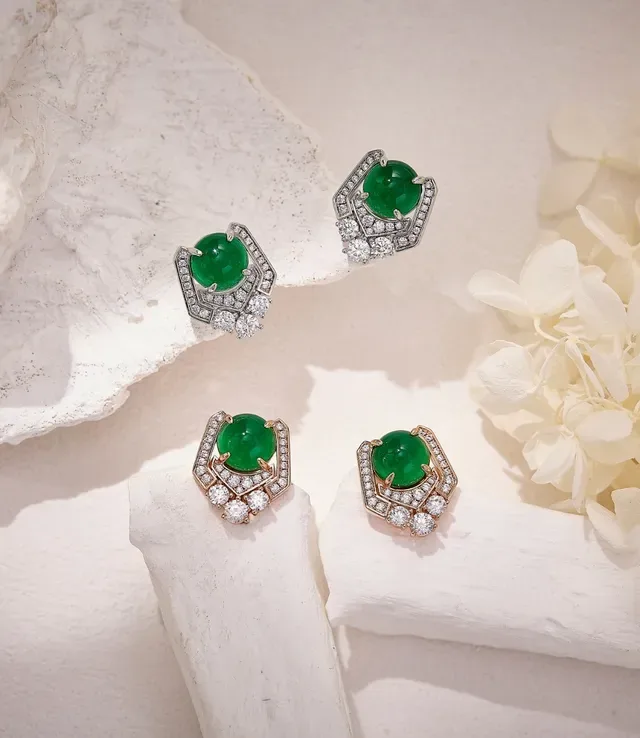 Geometric Pavé Halo Cabochon Green Gemstone Stud Earrings 6