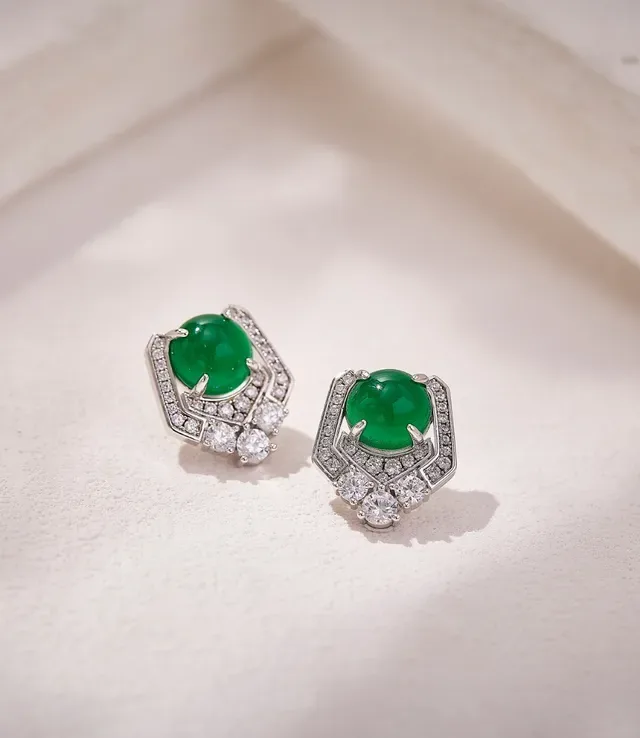 Geometric Pavé Halo Cabochon Green Gemstone Stud Earrings 7