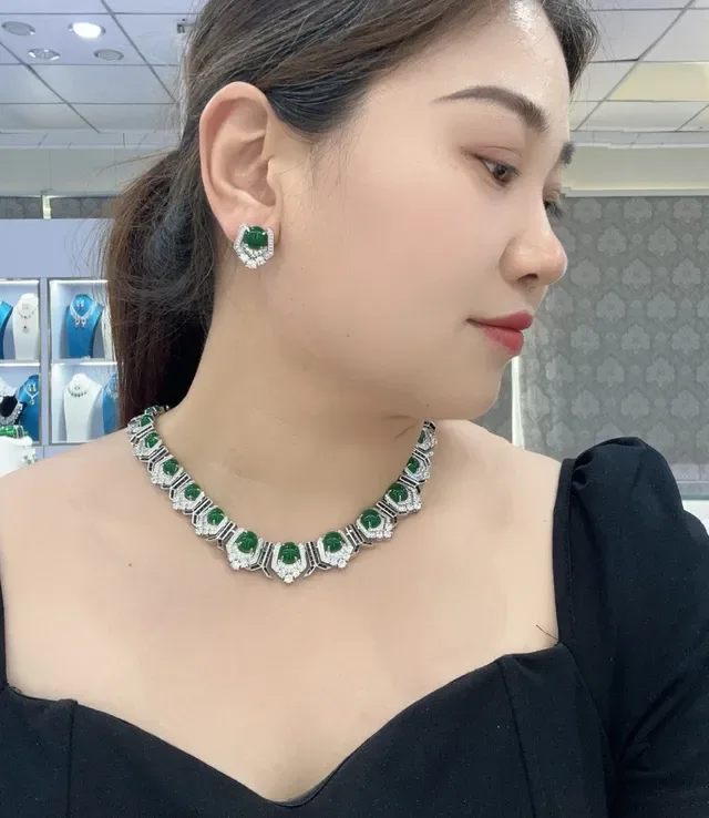 Geometric Pavé Halo Cabochon Green Gemstone Stud Earrings 8