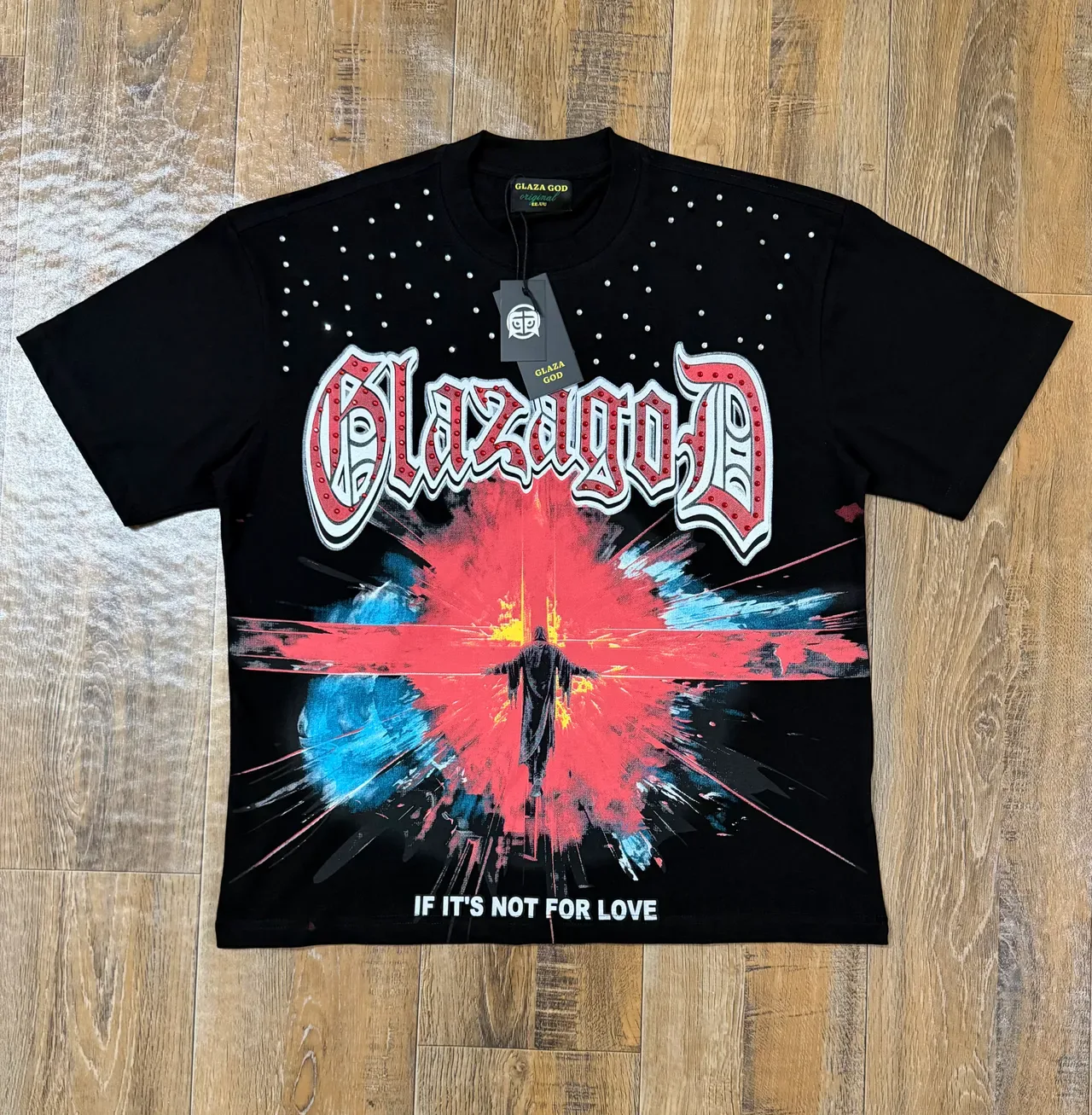 Glaza God Graphic Studded Print Black T-Shirt 3