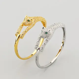 Ouro e PrataPanther Head Pavé Crystal Hinged Bangle Bracelets