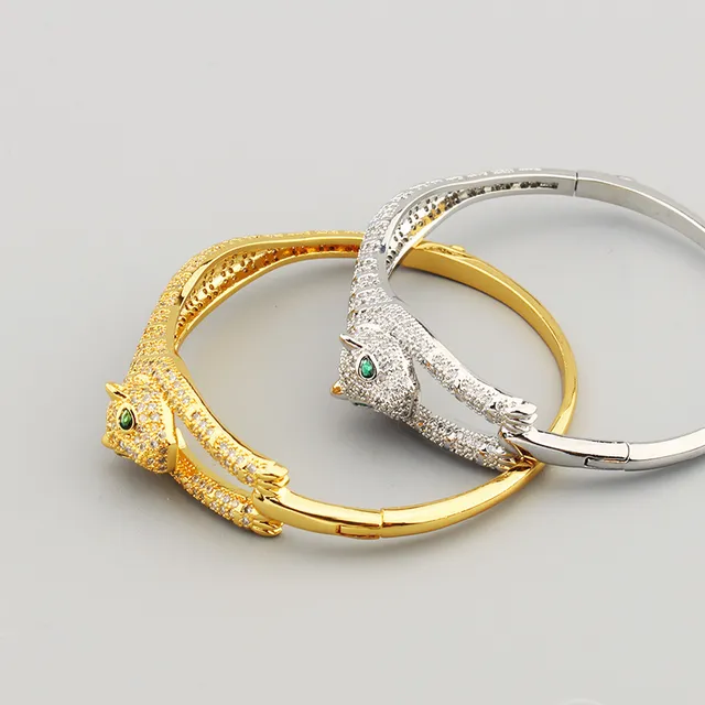 Gold and Silver Panther Head Pavé Crystal Hinged Bangle Bracelets 5
