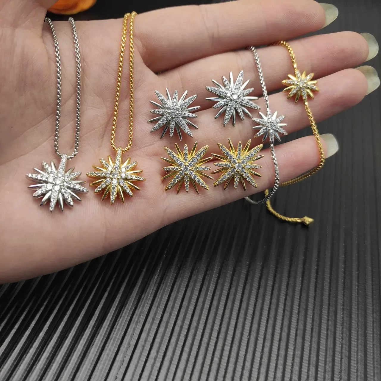 Gold and Silver Starburst Pavé Pendant Necklaces 2