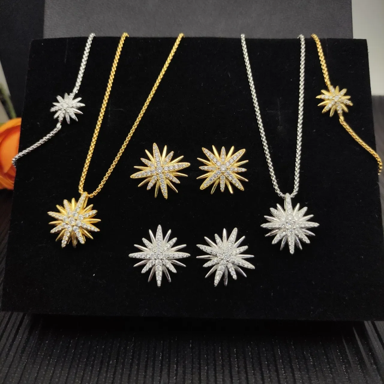 Gold and Silver Starburst Pavé Pendant Necklaces 3