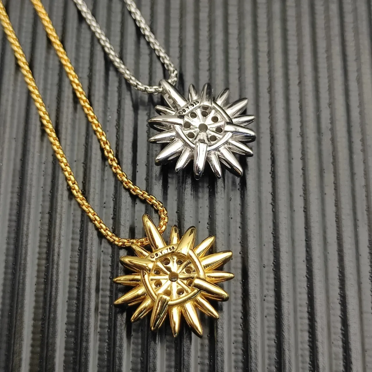 Gold and Silver Starburst Pavé Pendant Necklaces 6