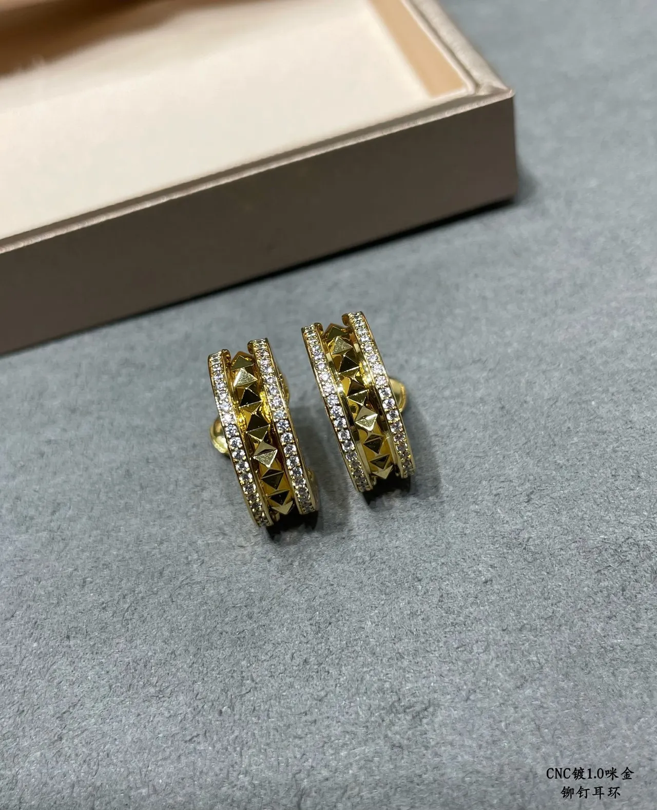 Gold and Silver Tone Pavé Crystal Pyramid Stud Hoop Earrings 3