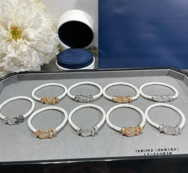 Gold and Silver Tone Pavé Figure-Eight Knot White Braided Cord Bracelets 3