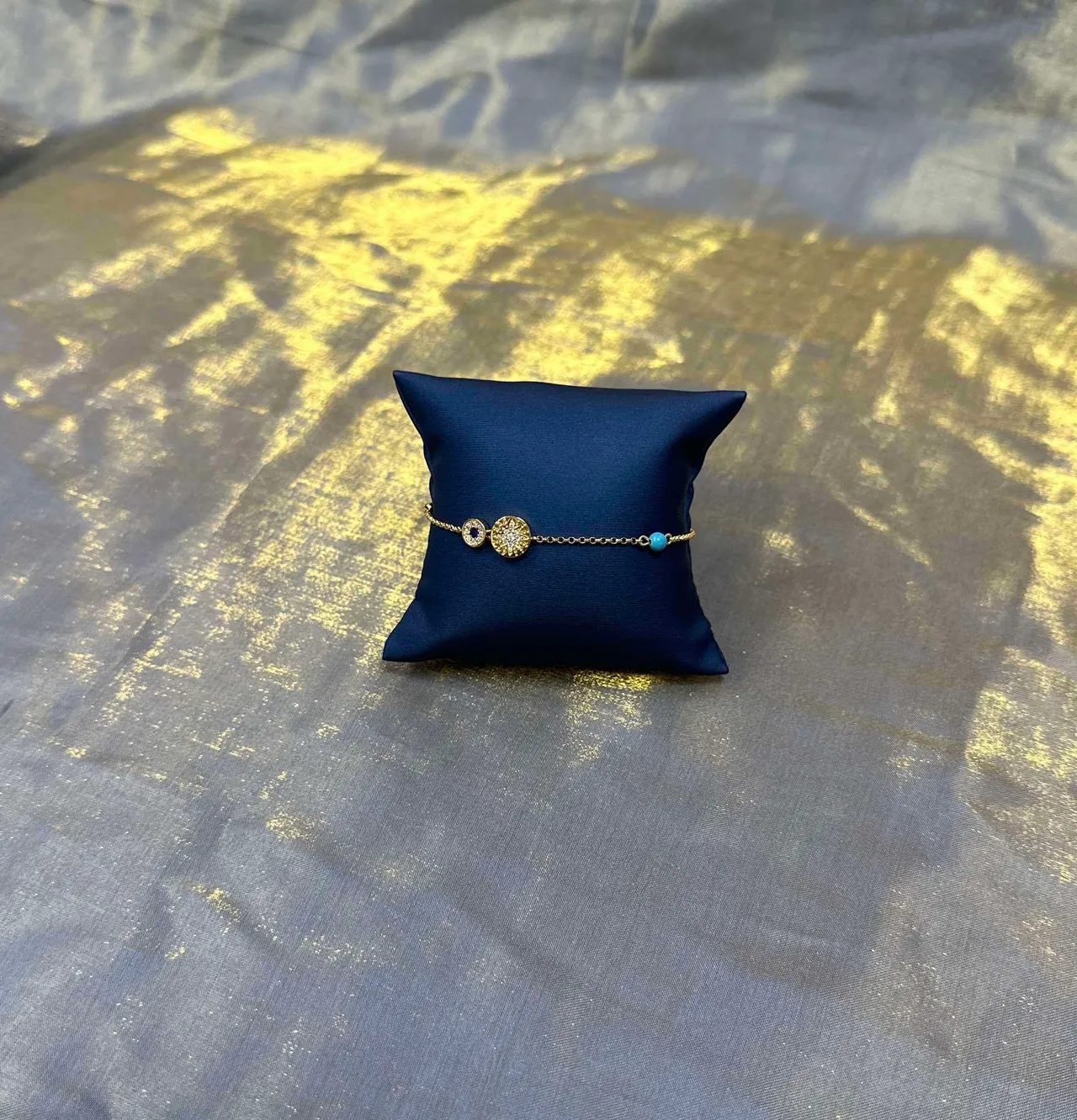 Gold Blue Chain Three-Charm Design Bracelet 9