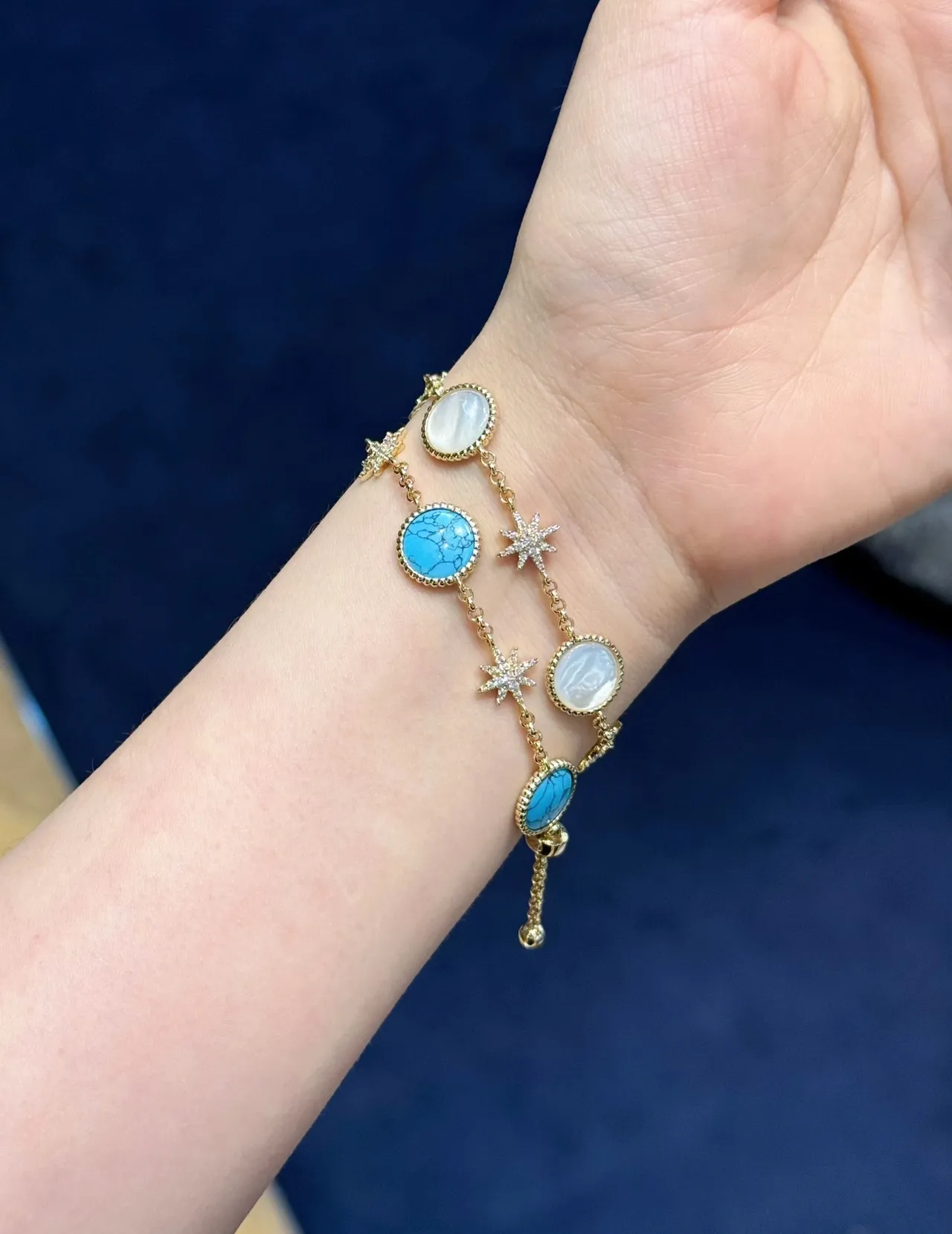 Gold Blue Chain Turquoise Cabochon Stones Bracelet 3