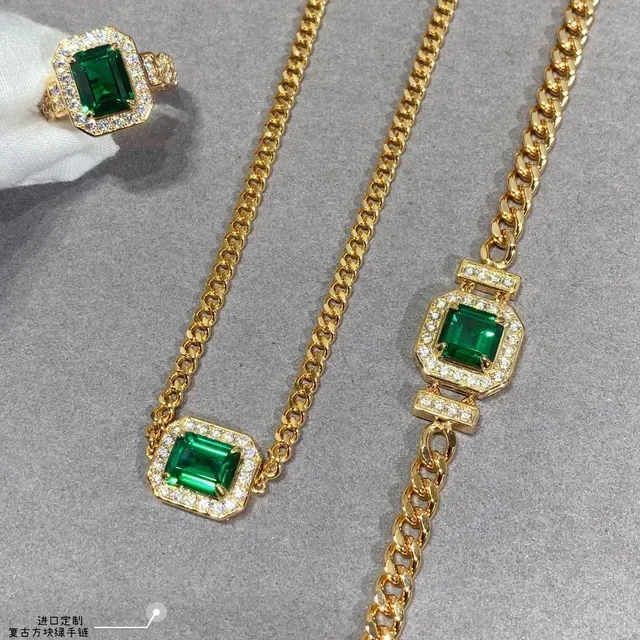 Gold Green Curb Chain Octagonal Pavé Halo Bracelet 6