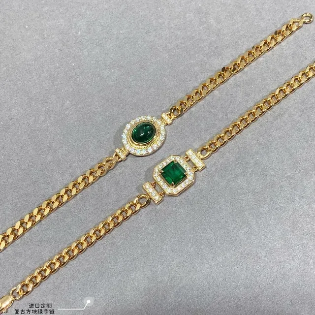 Gold Green Curb Chain Octagonal Pavé Halo Bracelet 7