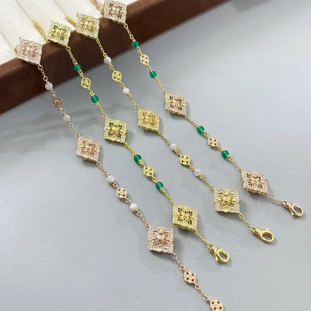 Gold Green Filigree Square Charms Alternating And White Beads Bracelet 2