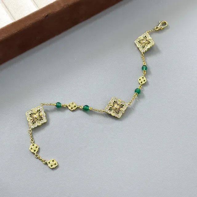 Gold Green Filigree Square Charms Alternating And White Beads Bracelet 3