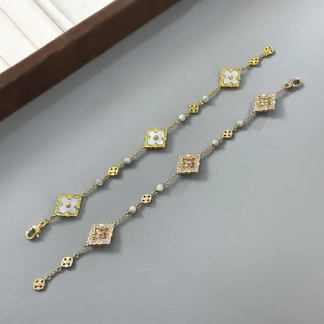 Gold Green Filigree Square Charms Alternating And White Beads Bracelet 7