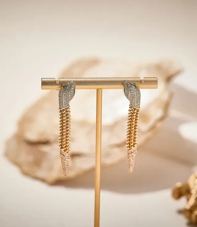 Gold Green Snake-Shaped Pavé-Crystal Earrings 2