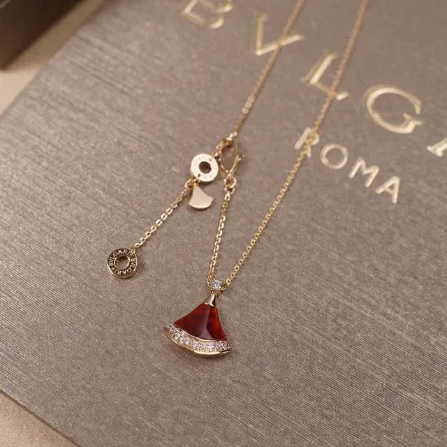 Gold Multicolor Fan-Shaped Enamel Pendants Pave-Set Stone Border Necklace 5