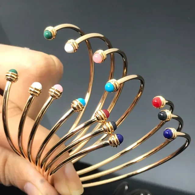 Gold Multicolor Open Bangle Spherical Gemstone Bead Bracelet 3
