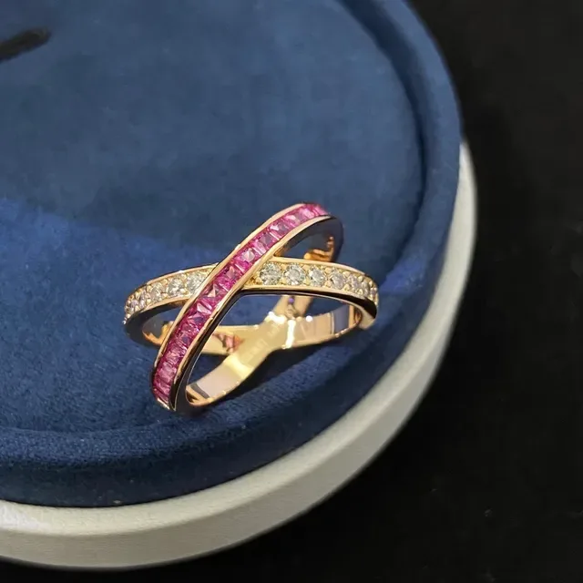 Gold Pink Cross-Over Band Pavé-Set Ring 4