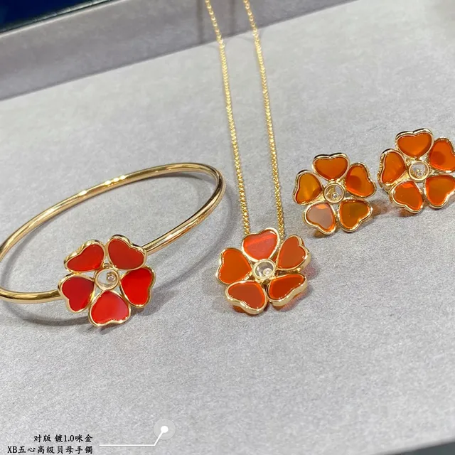 Gold Red Bangle Five-Petal Flower Motif Bracelet 2