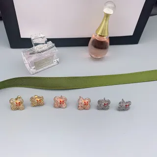 Gold Red Four-Petal Flower Pavé Crystal Earrings
