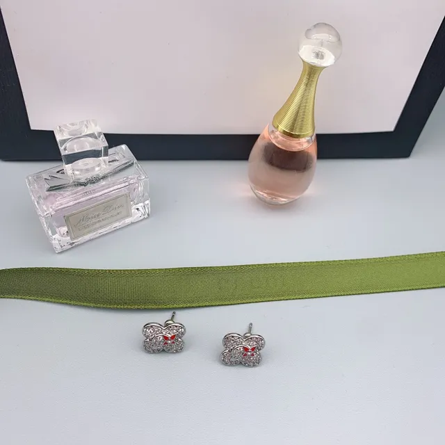 Gold Red Four-Petal Flower Pavé Crystal Earrings 3