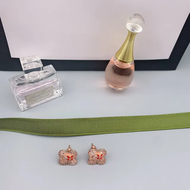 Gold Red Four-Petal Flower Pavé Crystal Earrings 5