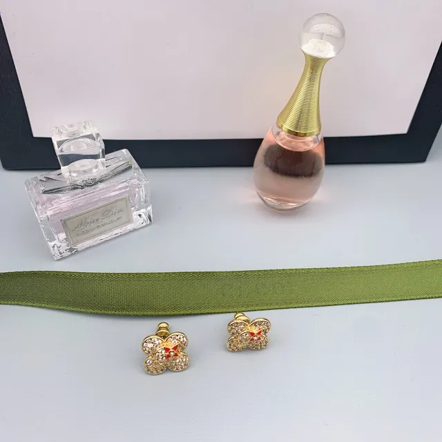 Gold Red Four-Petal Flower Pavé Crystal Earrings 7