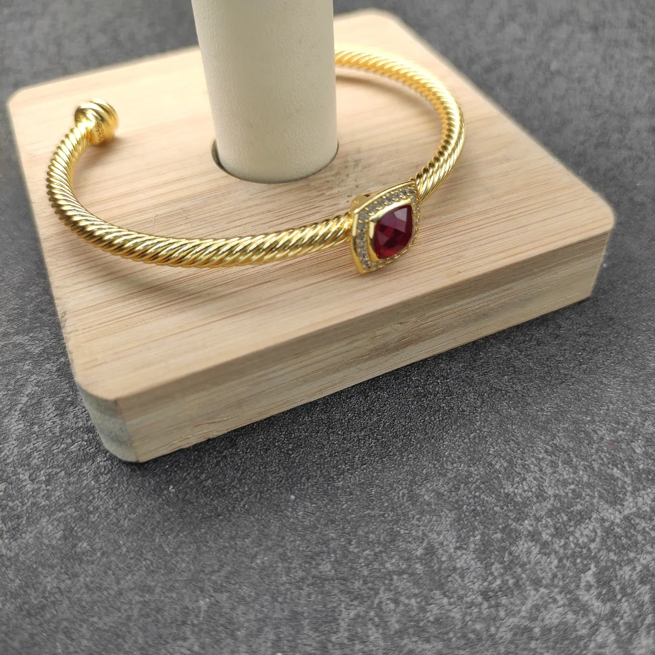 Gold Red Twisted Rope Cable Band Square Bezel-Set Gemstone Bracelet 6