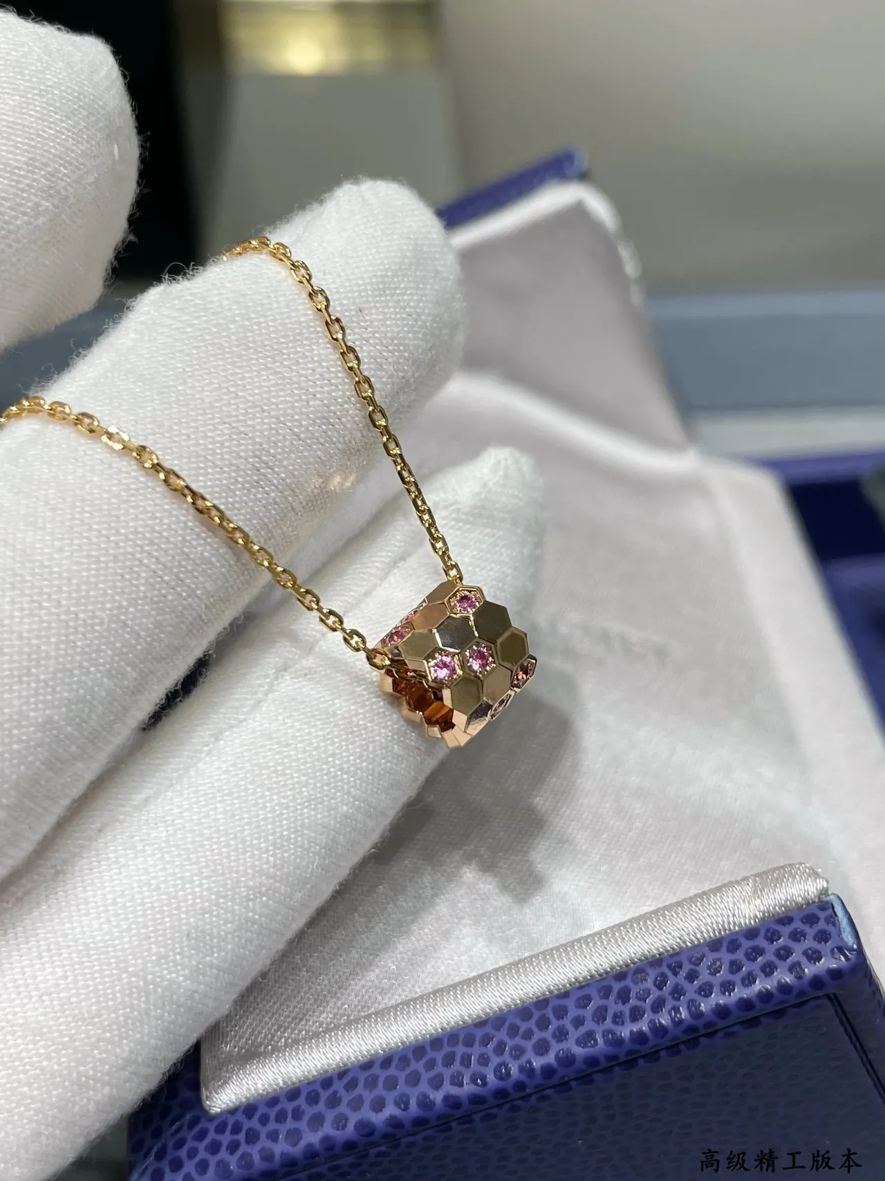 Gold Silver Faceted Hexagonal Pendant Pavé-Set Gemstones Necklace 2