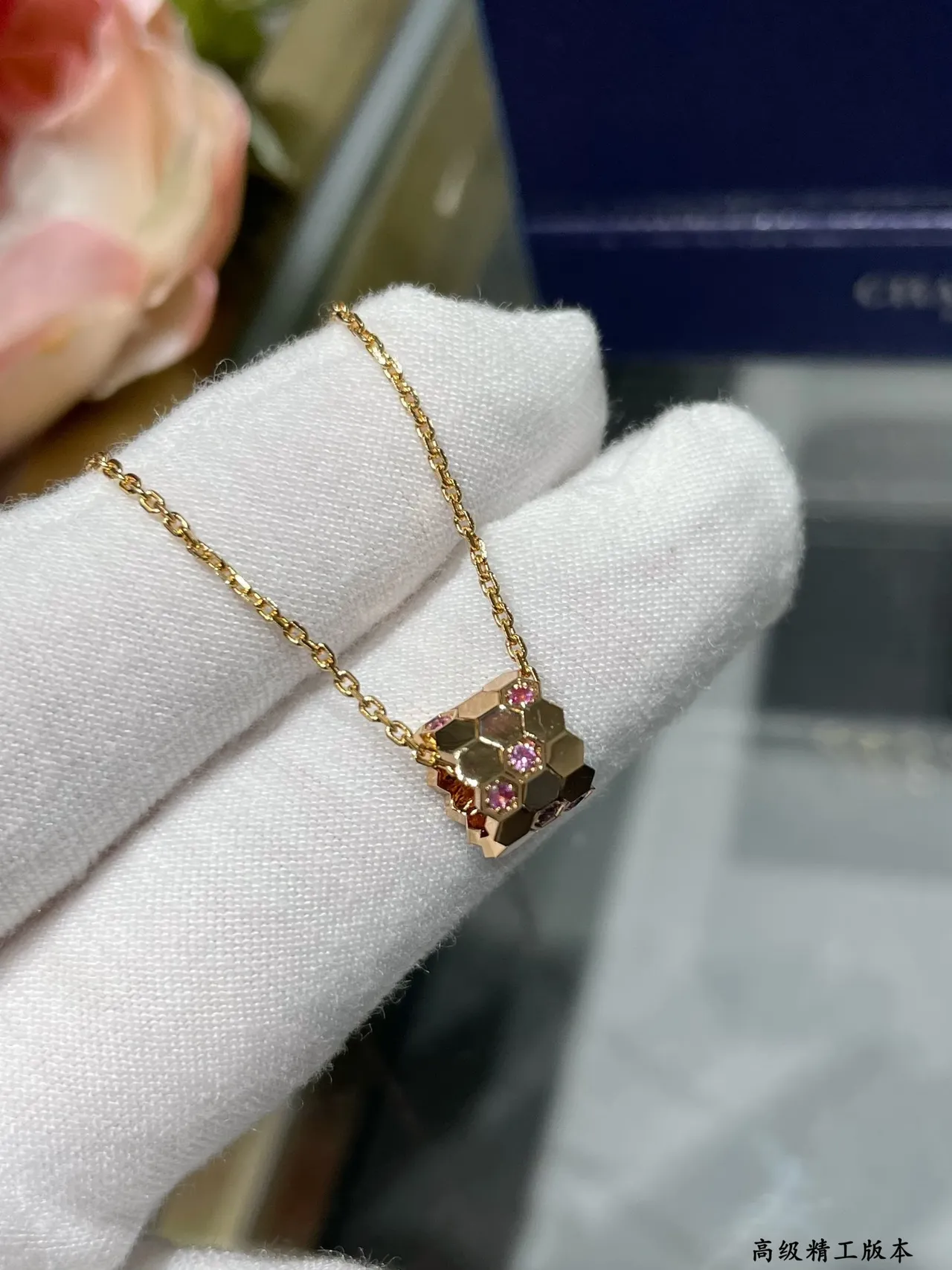 Gold Silver Faceted Hexagonal Pendant Pavé-Set Gemstones Necklace 3
